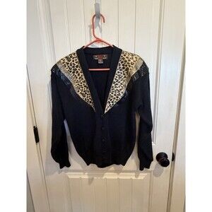 Vintage Jordache Studio Cardigan S Leopard Faux Croc Ramie Cotton 80s Black